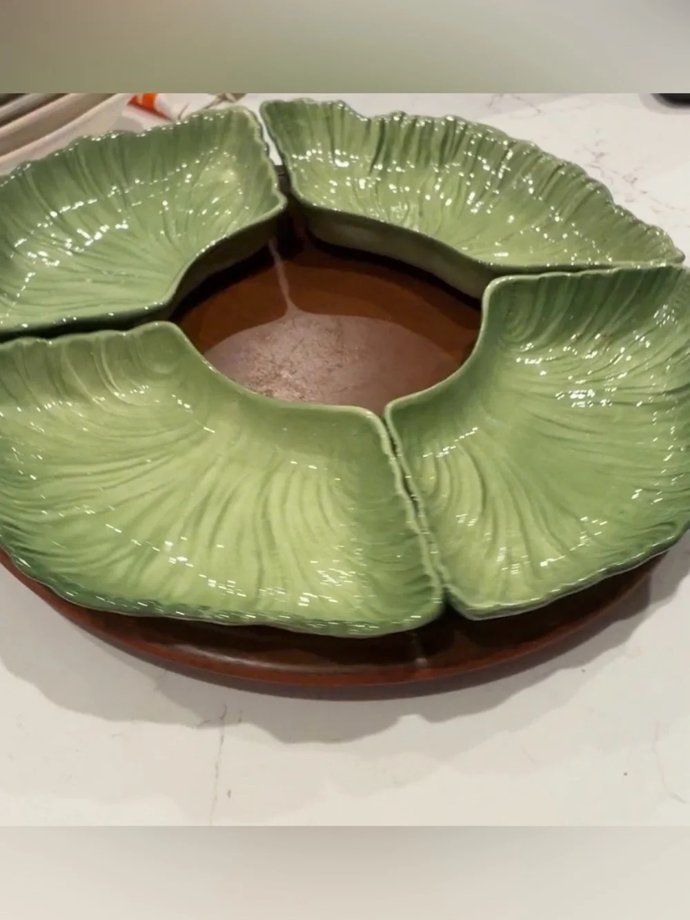 Vintage Maddux of California Green Cabbage Leaf Divided Lazy Susan Serving Set